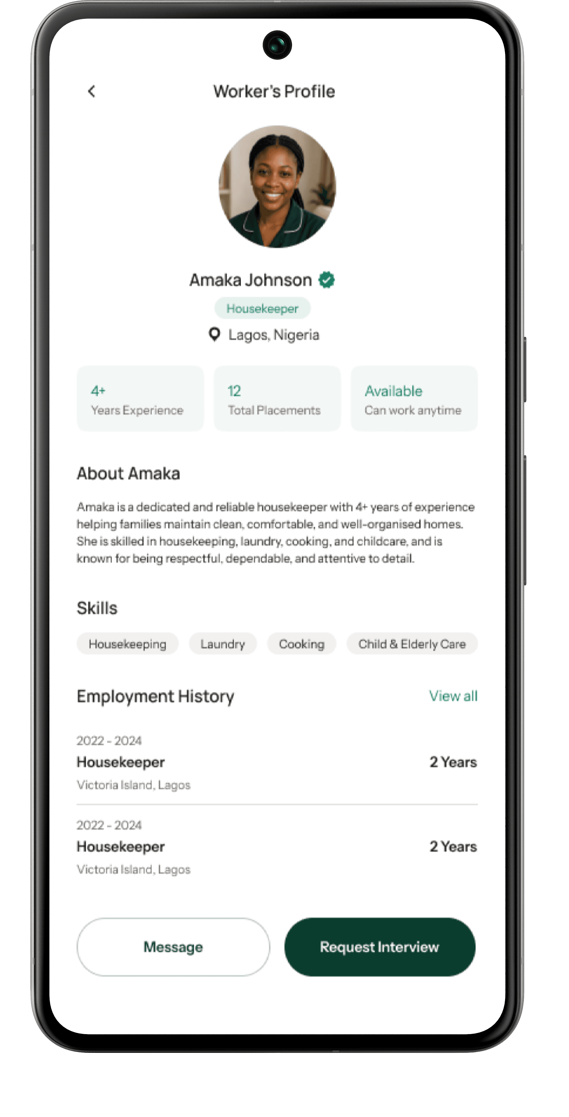 The Abode Family app showing a verified worker profile