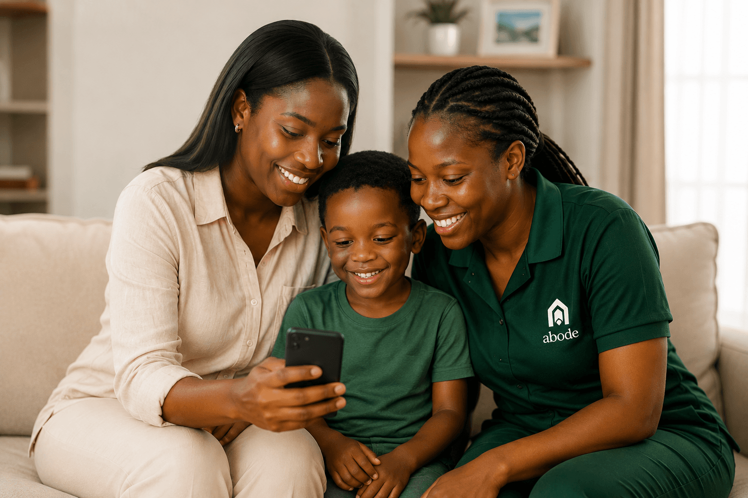 A family at home with an Abode worker